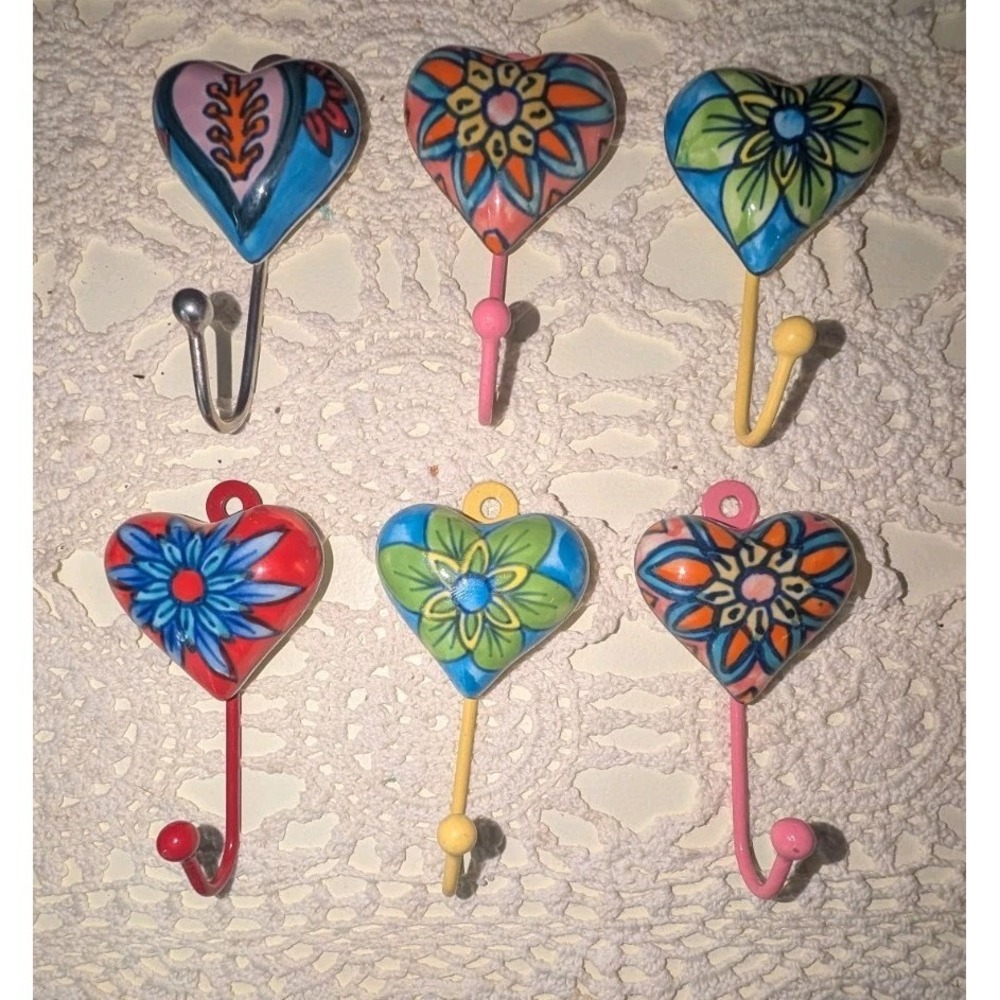 Vintage Hand Painted Ceramic Heart Wall Hook Hanger 4" Floral Design Decor 6 Lot